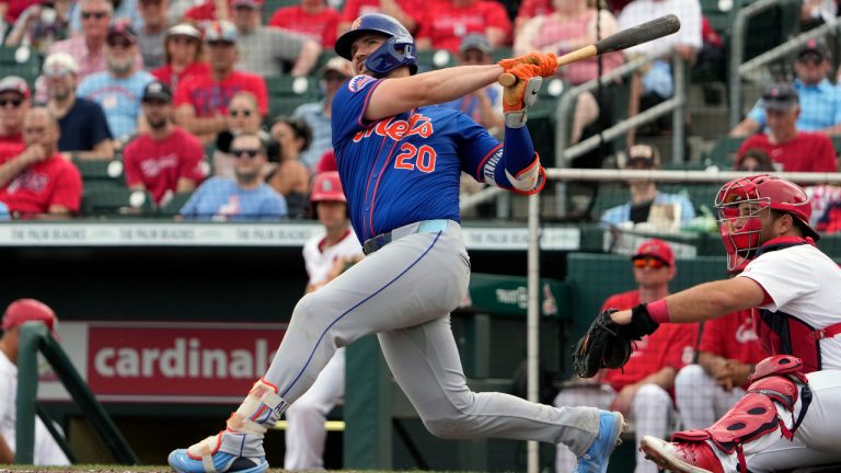 New York Mets' Pete Alonso fouls off a pitch during the sixth inning of a spring training baseball game against the St. Louis Cardinals Friday, March 1, 2024, in Jupiter, Fla. (Jeff Roberson/AP) 