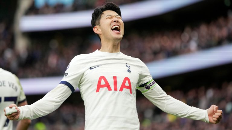 Tottenham's Son Heung-min celebrates scoring his side's third goal during the English Premier League soccer match between Tottenham Hotspur and Crystal Palace at Tottenham Hotspur Stadium in London, Saturday, March 2, 2024.(Kin Cheung/AP) 