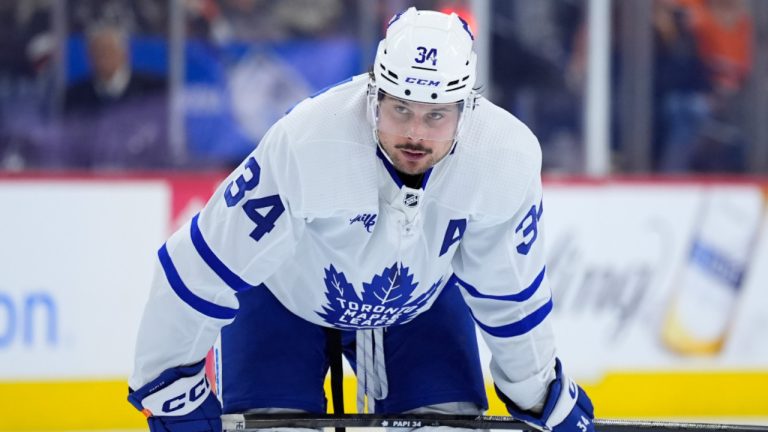 Toronto Maple Leafs' Auston Matthews plays during an NHL hockey game, Thursday, March 14, 2024, in Philadelphia. (AP Photo/Matt Slocum) 