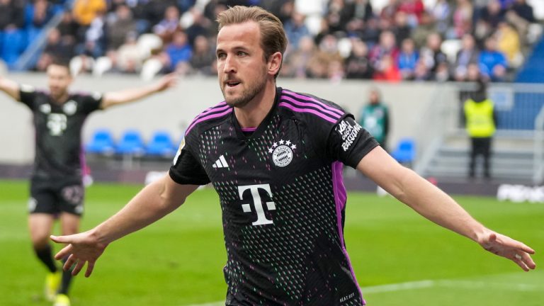 Bayern's Harry Kane celebrates after he scored his side's second goal during a German Bundesliga soccer match between SV Darmstadt 98 and Bayern Munich in Darmstadt, Germany, Saturday, March 16, 2024. (Michael Probst/AP) 