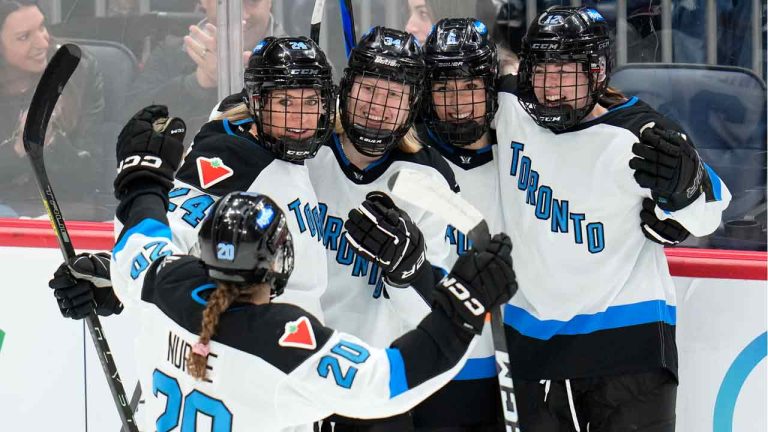 Toronto's Hannah Miller (34) celebrates her goal with Natalie Spooner (24), Allie Munroe (12), Kali Flanagan (6) and Sarah Nurse (20) during the first period of an PWHL hockey game against Montreal in Pittsburgh, Sunday, March 17, 2024. (Gene J. Puskar/AP)