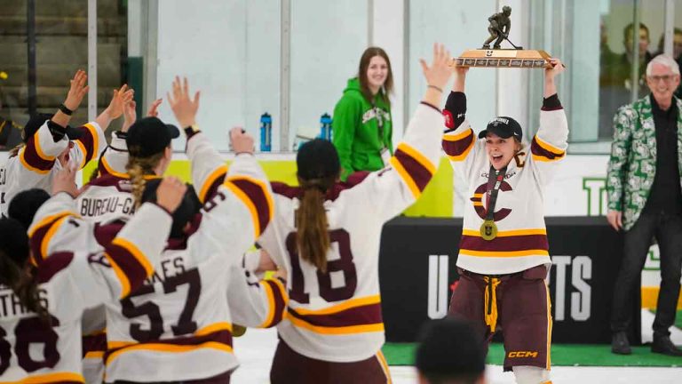 Concordia University Stingers celebrate after defeating University of Toronto Varsity Blues 3-1 at USports University Cup women's university hockey final in Saskatoon, Sask., Sunday, March 17, 2024. (Heywood Yu/CP)