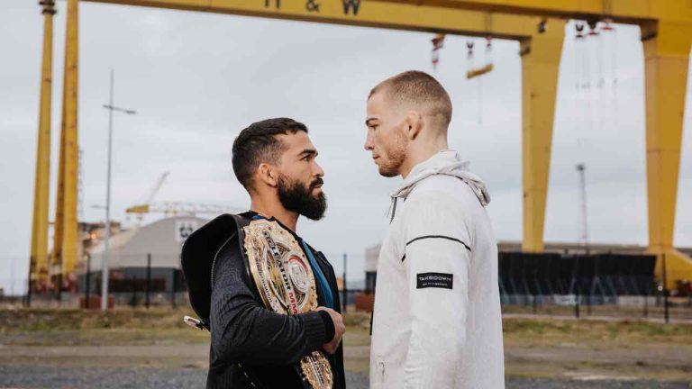 Canadian featherweight Jeremy (JBC) Kennedy (right) poses with Bellator champion Brazil's Patricio (Pitbull) Freire of Brazil in front of the famous cranes at the Harland & Wolff shipyard in Belfast, Ireland in a handout photo. The two meet Friday for the Bellator 145-pound title at Bellator Champion Series Belfast.THE CANADIAN PRESS/HO-Bellator