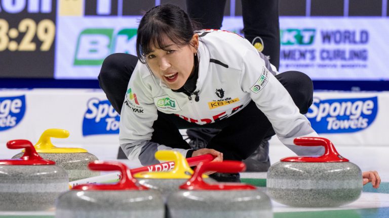 South Korea skip Eunji Gim calls a shot in World Women's Curling Championship action against Canada in Sydney, N.S. on Friday, March 22, 2024. (Frank Gunn/CP)