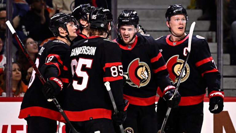 Ottawa Senators right wing Drake Batherson (19) celebrates his goal against the Edmonton Oilers during second period NHL hockey action in Ottawa, Sunday, March 24, 2024. (Justin Tang/CP)