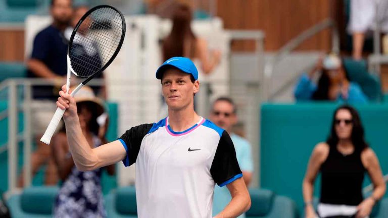 Jannik Sinner, of Italy, acknowledges the crowd after defeating the Tomas Machac, of the Czech Republic, during the Miami Open tennis tournament, Wednesday, March 27, 2024, in Miami Gardens, Fla. (Lynne Sladky/AP)