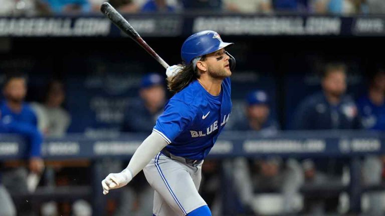 Toronto Blue Jays' Bo Bichette flies out against Tampa Bay Rays starting pitcher Aaron Civale during the third inning of a baseball game Friday, March 29, 2024, in St. Petersburg, Fla. (Chris O'Meara/AP)