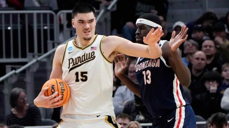 Purdue center Zach Edey (15) pushes Gonzaga forward Graham Ike (13) during the first half of a Sweet 16 college basketball game in the NCAA Tournament, Friday, March 29, 2024, in Detroit. (Paul Sancya/AP)