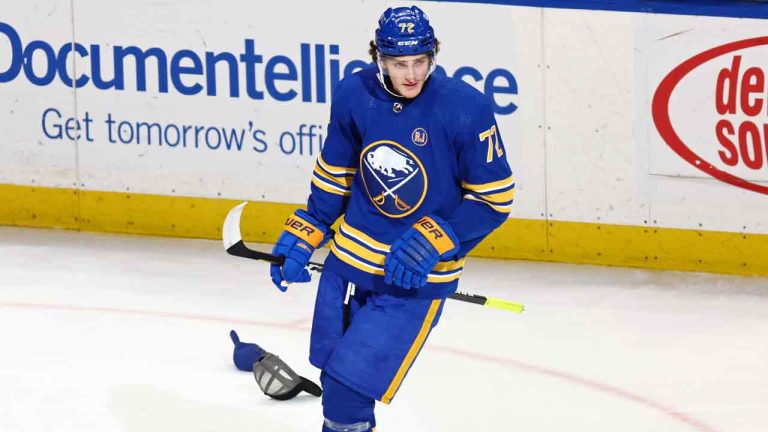 Buffalo Sabres right wing Tage Thompson (72) celebrates his third goal of the night, during the third period of the team's NHL hockey game against the New Jersey Devils on Friday, March 29, 2024, in Buffalo, N.Y. (Jeffrey T. Barnes/AP)