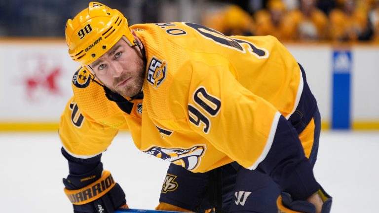 Nashville Predators centre Ryan O'Reilly (90) during the second period of an NHL hockey game against the Los Angeles Kings, Wednesday, Jan. 31, 2024, in Nashville, Tenn. (George Walker IV/AP) 