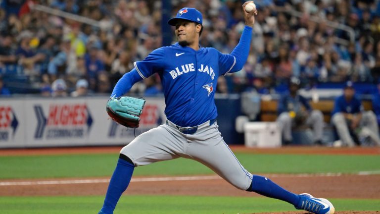 Toronto Blue Jays reliever Genesis Cabrera pitches against the Tampa Bay Rays during the seventh inning of a baseball game Saturday, March 30, 2024, in St. Petersburg, Fla. (Steve Nesius/AP)