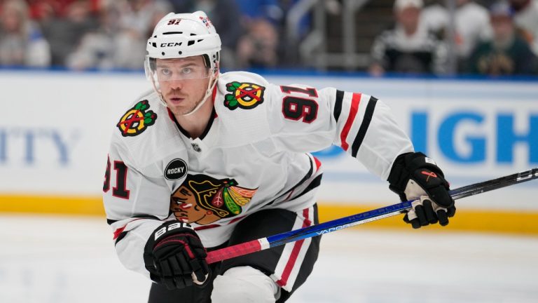 Chicago Blackhawks Anthony Beauvillier in action during the first period of an NHL hockey game against the St. Louis Blues Saturday, Dec. 23, 2023, in St. Louis. (Jeff Roberson/AP)