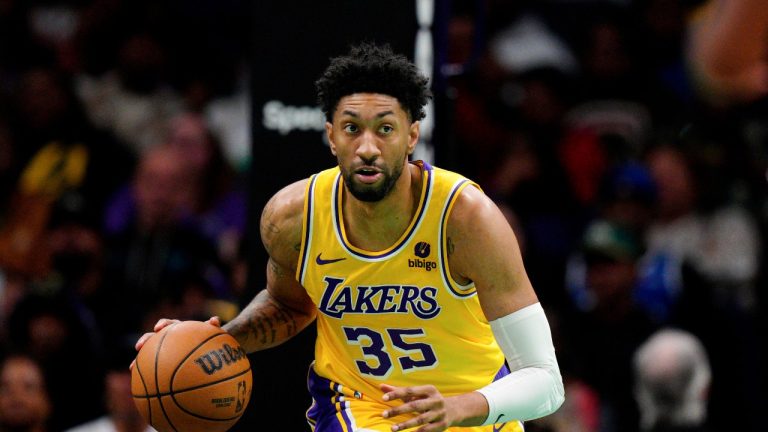 Lakers big man Christian Wood had arthroscopic surgery on his left knee Tuesday in the latest injury setback for Los Angeles' depth players. (AP/Jacob Kupferman)