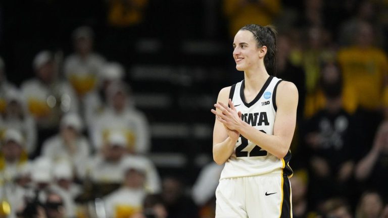 Iowa guard Caitlin Clark reacts in the second half of a second-round college basketball game against West Virginia in the NCAA Tournament, Monday, March 25, 2024, in Iowa City, Iowa. (Charlie Neibergall/AP Photo)
