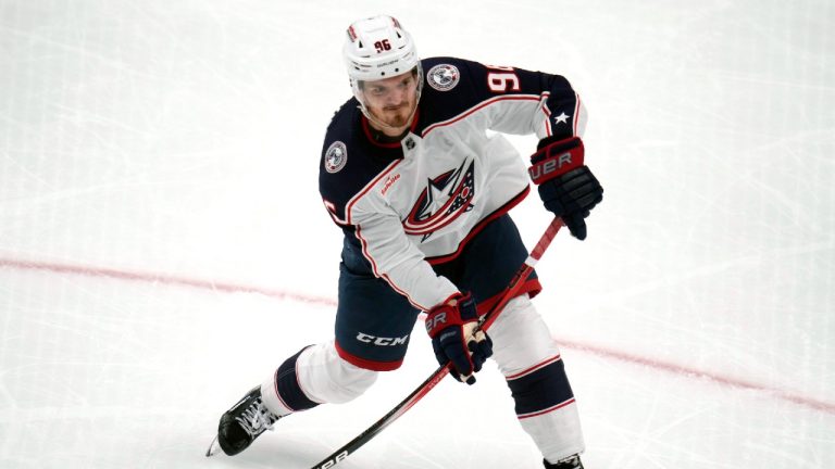 Columbus Blue Jackets' Jack Roslovic (96) scores on this slap shot during the third period of an NHL hockey game against the Pittsburgh Penguins in Pittsburgh, Tuesday, March 5, 2024. The Penguins won 5-3. (Gene J. Puskar/AP)