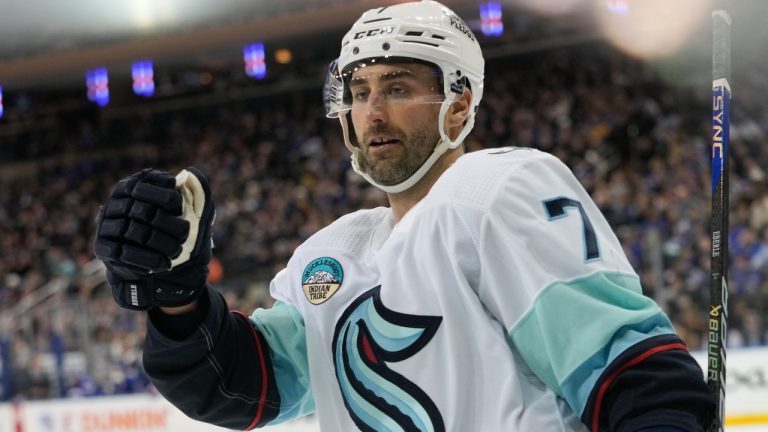 Seattle Kraken right wing Jordan Eberle celebrates after scoring during the first period of an NHL hockey game against the New York Rangers, Tuesday, Jan. 16, 2024, at Madison Square Garden in New York. (Mary Altaffer/AP)