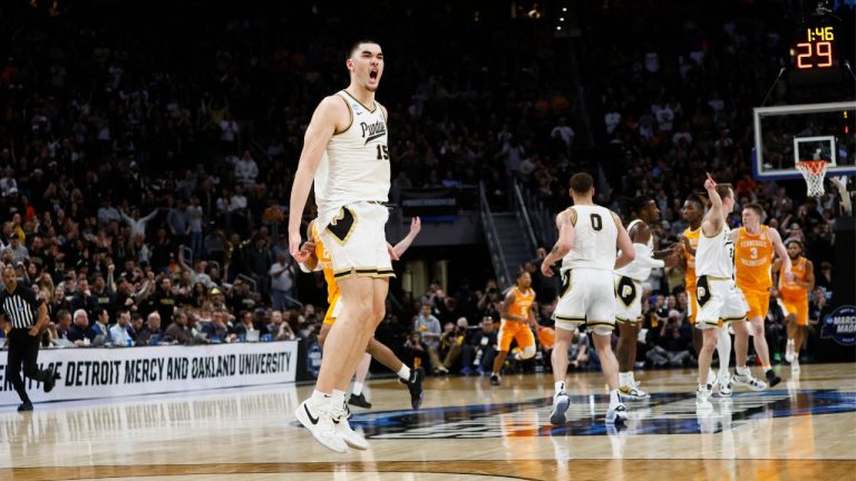 Purdue centre Zach Edey reacts after the team defeated Tennessee in an Elite Eight college basketball game in the NCAA Tournament, Sunday, March 31, 2024, in Detroit. (Duane Burleson/AP Photo)