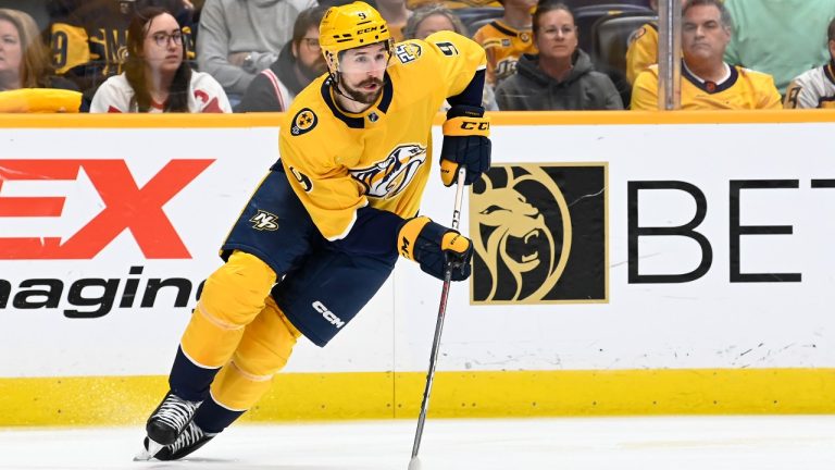 Nashville Predators left wing Filip Forsberg (9) plays against the Detroit Red Wings during the first period of an NHL hockey game Saturday, March 23, 2024, in Nashville, Tenn. (AP Photo/Mark Zaleski)