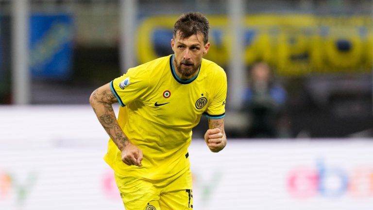 Inter Milan's Francesco Acerbi controls the ball during the Serie A soccer match between Inter Milan and Sassuolo at the San Siro Stadium, in Milan, Italy, Saturday, May 13, 2023. (AP Photo/Antonio Calanni)