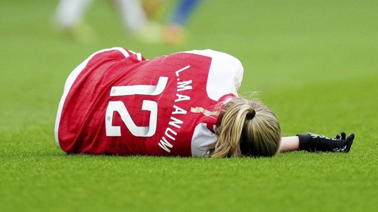 Arsenal's Frida Maanum goes down during the FA Women's Continental Tyres League Cup Final at Molineux Stadium, Wolverhampton, England, Sunday March 31, 2024. (David Davies/PA via AP)