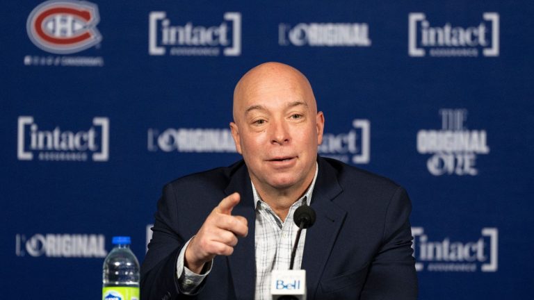 Montreal Canadiens general manager Kent Hughes speaks during a mid-season news conference in Montreal, Monday Jan. 15, 2024. (Christinne Muschi/CP Photo)