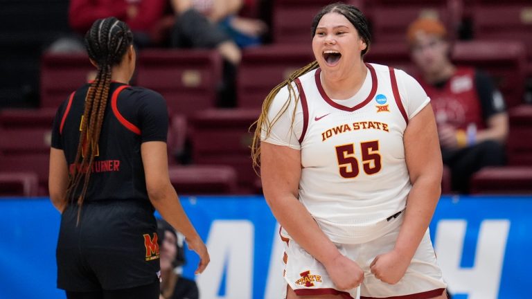 Iowa State center Audi Crooks reacts after scoring against Maryland during the second half of a first-round college basketball game in the women's NCAA Tournament in Stanford, Calif., Friday, March 22, 2024. (AP Photo/Godofredo A. Vásquez)