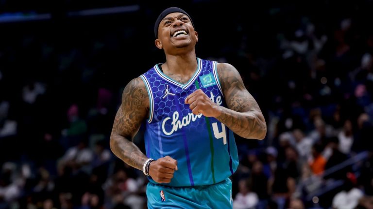 Charlotte Hornets guard Isaiah Thomas reacts after scoring against the New Orleans Pelicans during the fourth quarter of an NBA basketball game in New Orleans, Friday, March 11, 2022. (Derick Hingle/AP Photo)