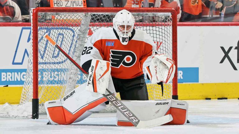 Ivan Fedotov #82 of the Philadelphia Flyers tends net during warmups prior to his game against the Chicago Blackhawks at the Wells Fargo Center. (Len Redkoles/Getty Images)
