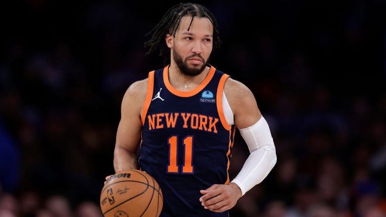 New York Knicks guard Jalen Brunson in action against the Detroit Pistons during the second half of an NBA basketball game Monday, Feb. 26, 2024, in New York. The Knicks won 113-111. (Adam Hunger/AP Photo)