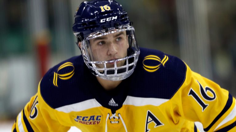 Quinnipiac forward Jacob Quillan(16) skates during the second period of an NCAA hockey game against Boston College on Saturday, Oct. 7, 2023, in Hamden, Conn. (AP Photo/Greg M. Cooper)