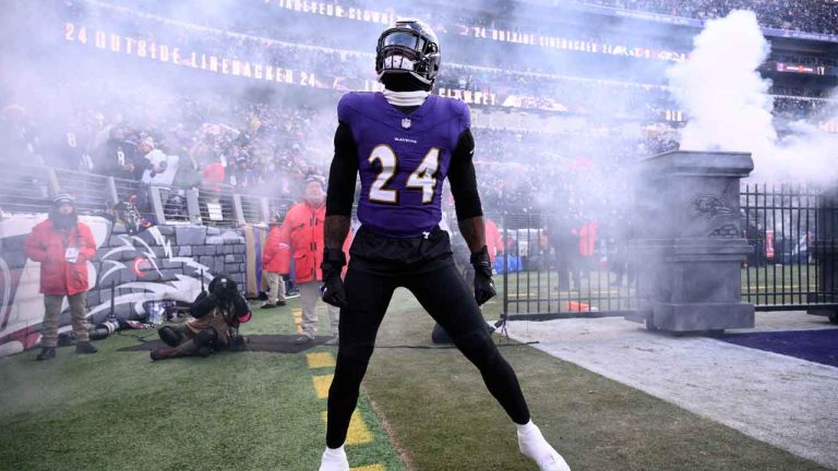 Baltimore Ravens linebacker Jadeveon Clowney (24) takes to the field before an NFL football AFC divisional playoff game against the Houston Texans. (Nick Wass/AP)