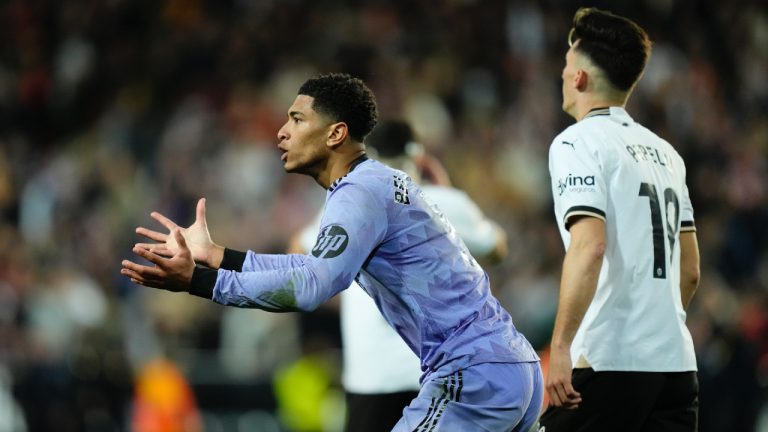 Real Madrid's Jude Bellingham reacts after his goal was disallowed when referee Gil Manzano blew for time during the La Liga soccer match between Valencia and Real Madrid at the Mestalla Stadium in Valencia, Spain, Saturday, March 2, 2024. (Jose Breton/AP)