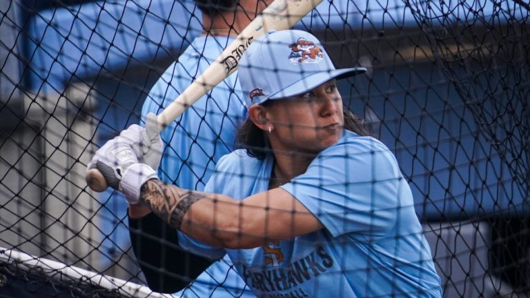 Kelsie Whitmore, a two-way player for the Atlantic League's Staten Island FerryHawks, warmup in the batting cage, Friday, May 13, 2022, in New York. (Bebeto Matthews/AP)