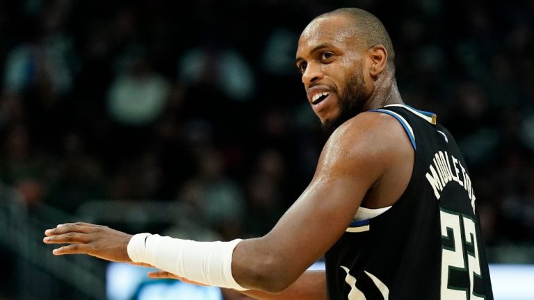 Milwaukee Bucks' Khris Middleton gestures to an official during the second half of an NBA basketball game against the Cleveland Cavaliers Friday, Jan. 26, 2024, in Milwaukee. (Aaron Gash/AP Photo)