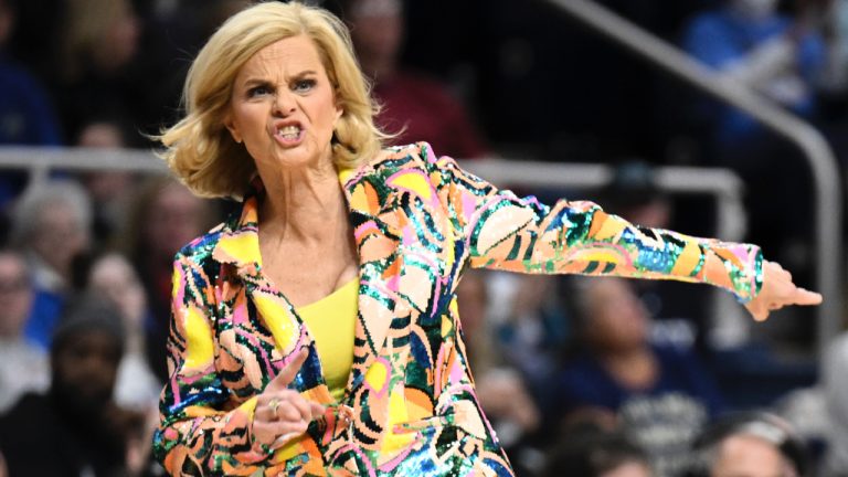 LSU head coach Kim Mulkey reacts during the second quarter of a Sweet Sixteen round college basketball game against the UCLA during the NCAA Tournament, Saturday, March 30, 2024, in Albany, N.Y. (Hans Pennink/AP)