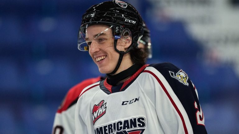 Tri-City Americans' Lukas Dragicevic smiles during on-ice testing ahead of the CHL/NHL Top Prospects game, in Langley, B.C., on Tuesday, January 24, 2023. (Darryl Dyck/CP)