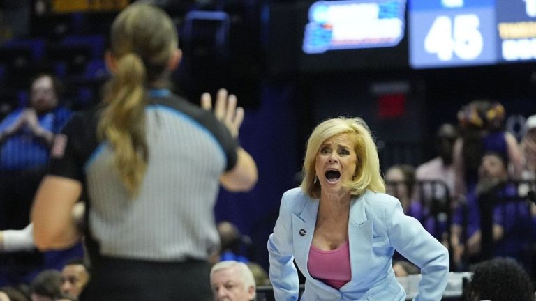 LSU head coach Kim Mulkey challenges an official during the second half of a first-round college basketball game against Rice in the women's NCAA Tournament in Baton Rouge, La., Friday, March 22, 2024. (Gerald Herbert/AP Photo)
