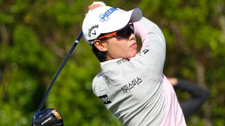 Narin An, of South Korea, hits from the first tee during the first round of the LPGA CME Group Tour Championship golf tournament, Thursday, Nov. 17, 2022. (Lynne Sladky/AP)