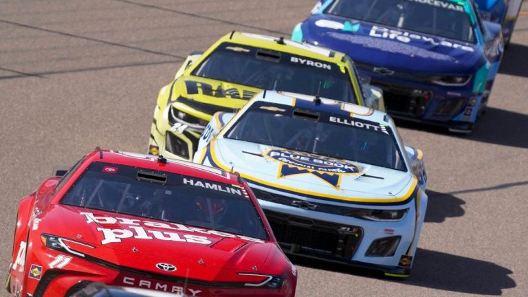 From front to back, Denny Hamlin leads Chase Elliott, William Byron and Carson Hocevar during a NASCAR Cup Series auto race at Phoenix Raceway, Sunday, March 10, 2024, in Avondale, Ariz. (Darryl Webb/AP Photo)
