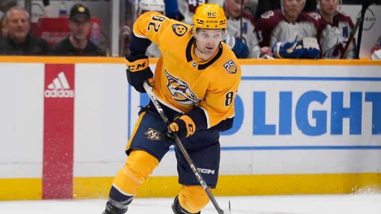 Nashville Predators center Tommy Novak (82) plays during the second period of an NHL hockey game against the Colorado Avalanche, Saturday, March 2, 2024, in Nashville, Tenn. (George Walker IV/AP)