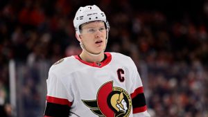 Ottawa Senators' Brady Tkachuk in action during an NHL hockey game against the Philadelphia Flyers, Sunday, Jan. 21, 2024, in Philadelphia. (Derik Hamilton/AP)