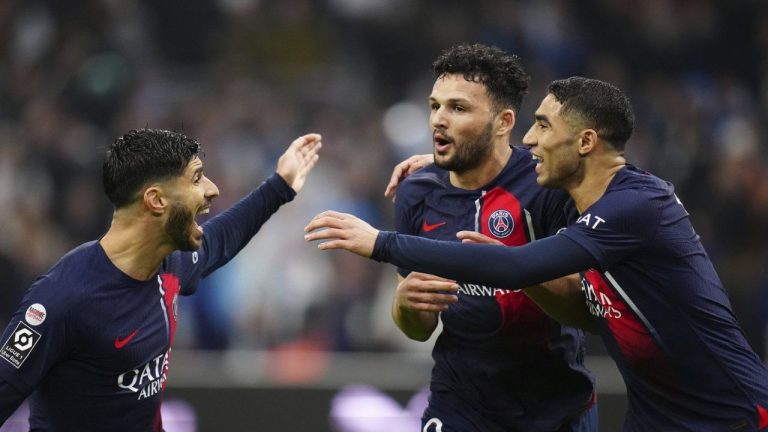 PSG's Goncalo Ramos celebrates with teammate after scoring his side's second goal during the French League 1 soccer match between Marseille and Paris at the Velodrome stadium in Marseille, south of France, Sunday, March 31, 2024. (Daniel Cole/AP Photo)
