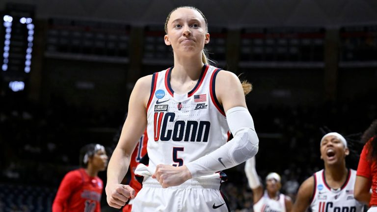 UConn guard Paige Bueckers flexes in the first half of a first-round college basketball game against Jackson State in the NCAA Tournament, Saturday, March 23, 2024, in Storrs, Conn. (Jessica Hill/AP Photo)