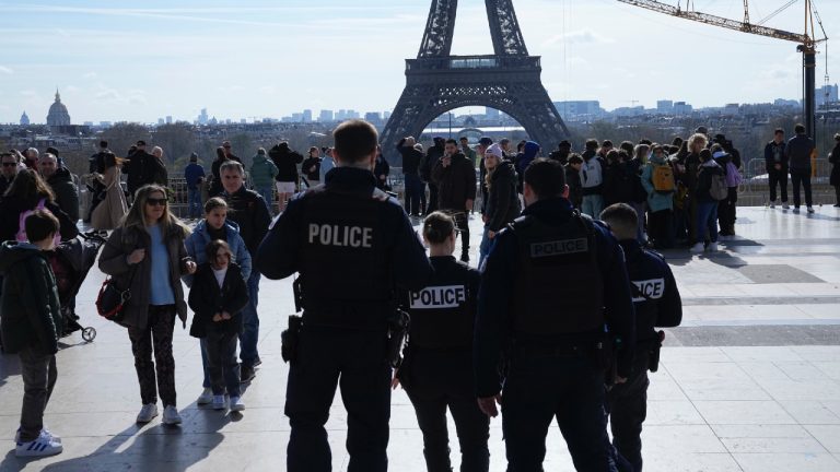 Police officers patrol on the Trocadero square Monday, March 25, 2024 in Paris. France's government increased its security alert posture to the highest level Sunday March 24, 2024 after the deadly attack at a Russian concert hall and the Islamic State's claim of responsibility. (Michel Euler/AP)