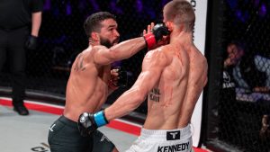 Bellator MMA featherweight champion Patricio Pitbull, left, seen here punching Canada’s Jeremy Kennedy at the inaugural Bellator Champions Series event in Belfast, Northern Ireland. (Bellator MMA/PFL)