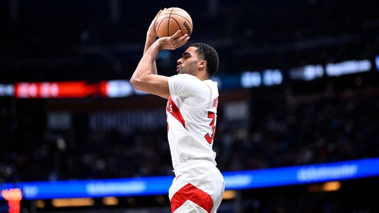 Jontay Porter attempts a 3-point shot during the second half of an NBA basketball game against the Orlando Magic, Sunday, March 17, 2024, in Orlando, Fla. (Phelan M. Ebenhack/AP)