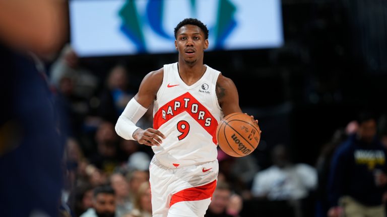 Toronto Raptors guard RJ Barrett (9) in the second half of an NBA basketball game Monday, March 11, 2024, in Denver. (David Zalubowski/AP)