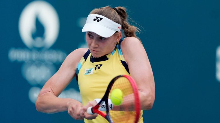 Elena Rybakina, of Kazakhstan, hits a return to Victoria Azarenka, of Belarus, during a quarterfinal match at the Miami Open tennis tournament, Thursday, March 28, 2024, in Miami Gardens, Fla. (Lynne Sladky/AP Photo)