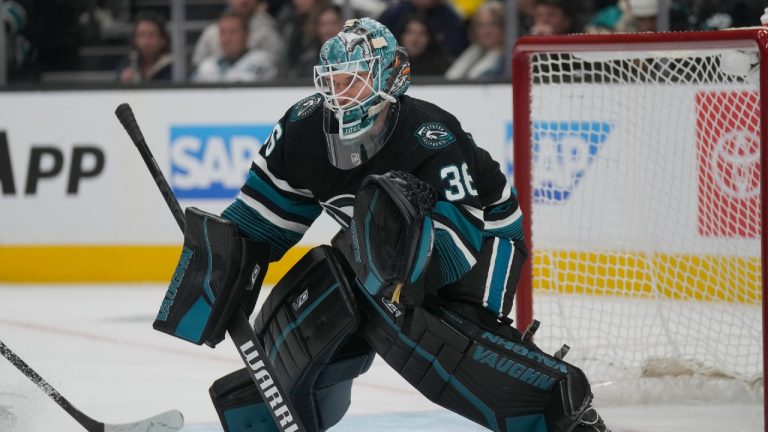 San Jose Sharks goaltender Kaapo Kahkonen (36) during an NHL hockey game against the Columbus Blue Jackets in San Jose, Calif., Saturday, Feb. 17, 2024. (Jeff Chiu/AP)