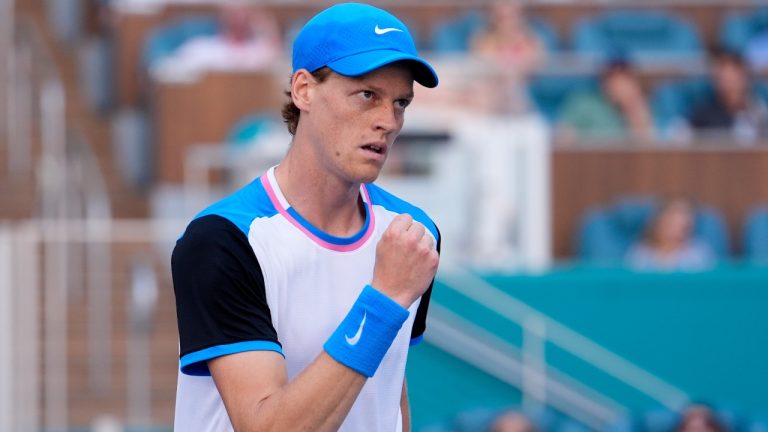 Jannik Sinner, of Italy, reacts after winning a point against Grigor Dimitrov, of Bulgaria, during the men's final at the Miami Open tennis tournament Sunday, March 31, 2024, in Miami Gardens, Fla. (Lynne Sladky/AP)